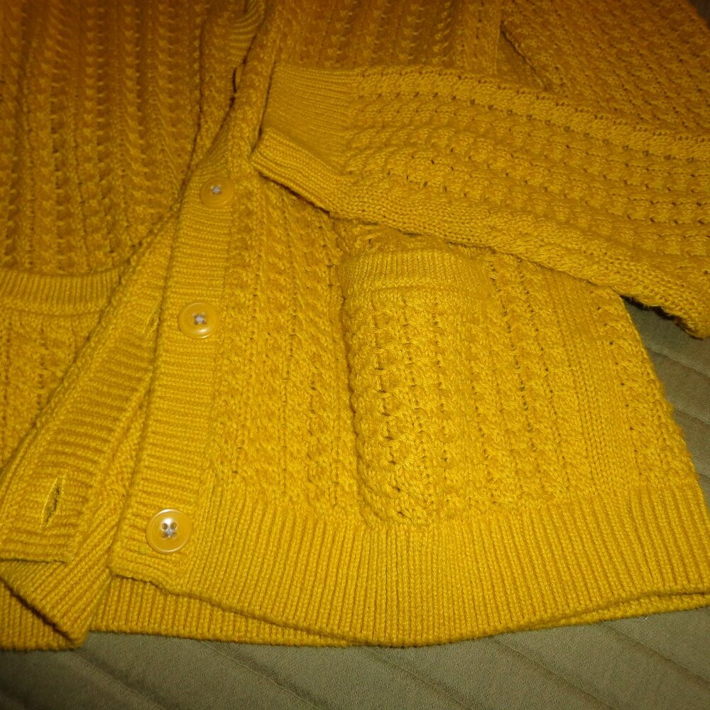 Boden Cotton Cable Cardigan 4 Golden Yellow Button Closure Pockets Ribbed Trim